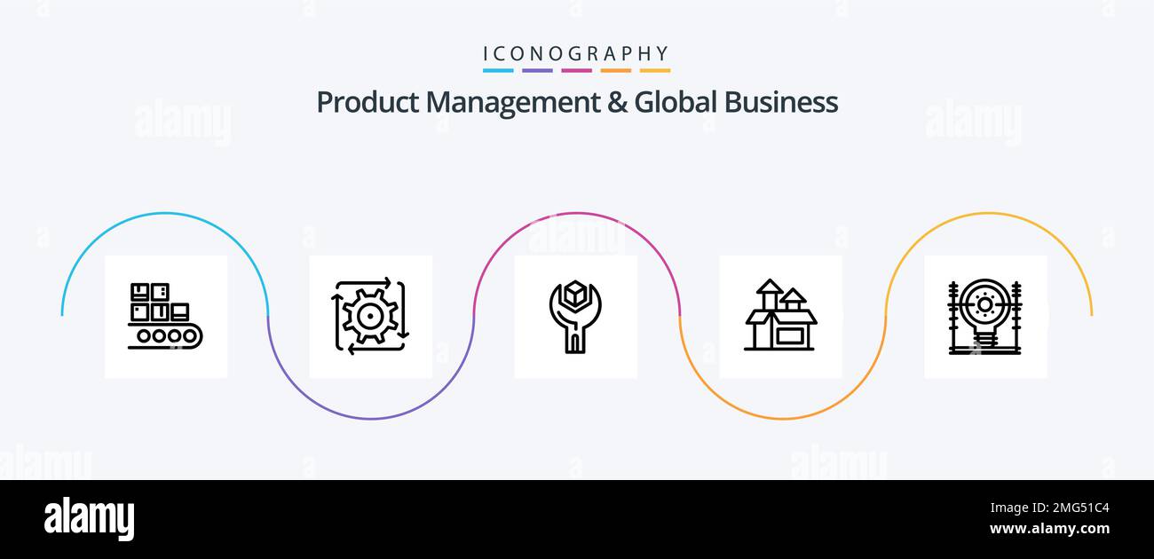 Product Management e Global Business Line 5 Icon Pack, prestazioni incluse. -gestione. flusso. servizio. prodotto Illustrazione Vettoriale
