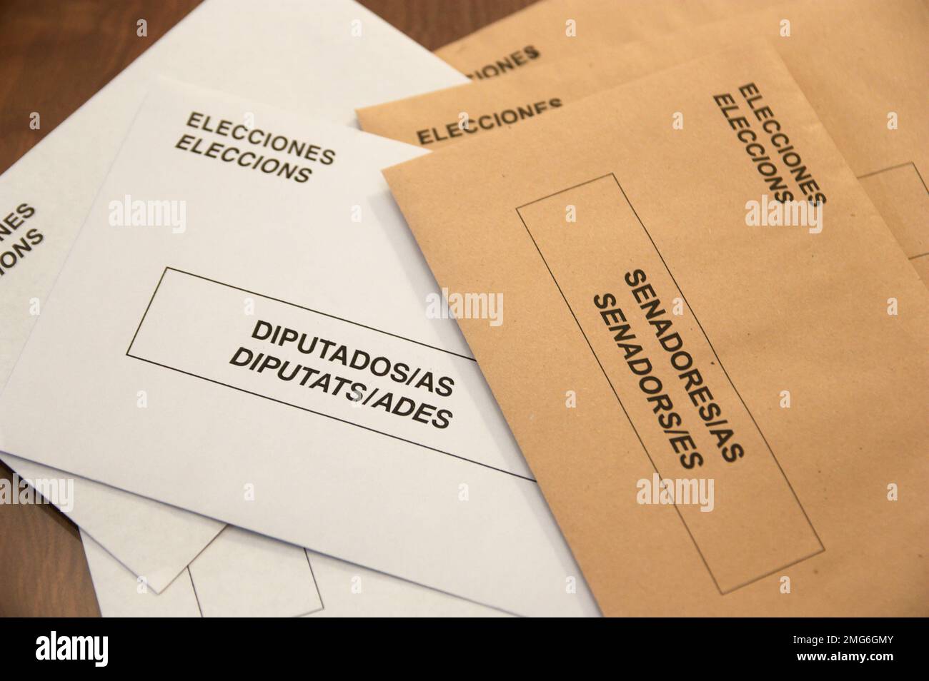 Buste bianche e seppia per le elezioni del Congresso e del senato dello Stato spagnolo che hanno in due lingue ufficiali (spagnolo e catalano) Foto Stock