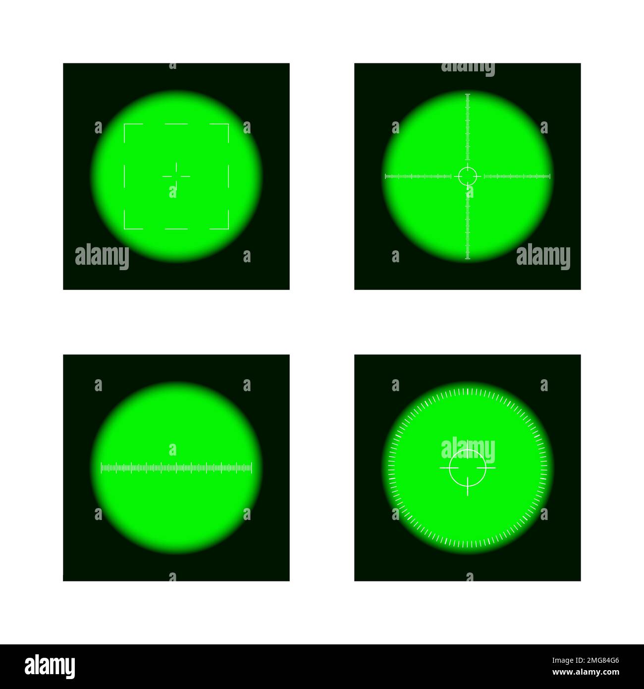 Set di vista monoculare, telescopica, periscope con scale e sfondo cromato. Esercito, esploratore, cacciatore o gamer strumento visivo per spionare, ingrandire, esplorazione, indagine. Illustrazione vettoriale Illustrazione Vettoriale