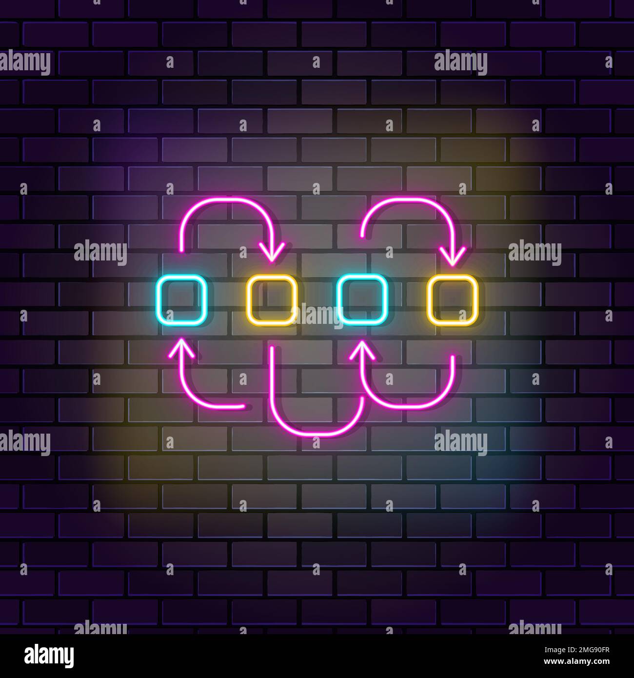 Algoritmo, connessione, gerarchia, icona vettore neon su sfondo scuro parete. Algoritmo neon, connessione, icona vettore gerarchia Illustrazione Vettoriale