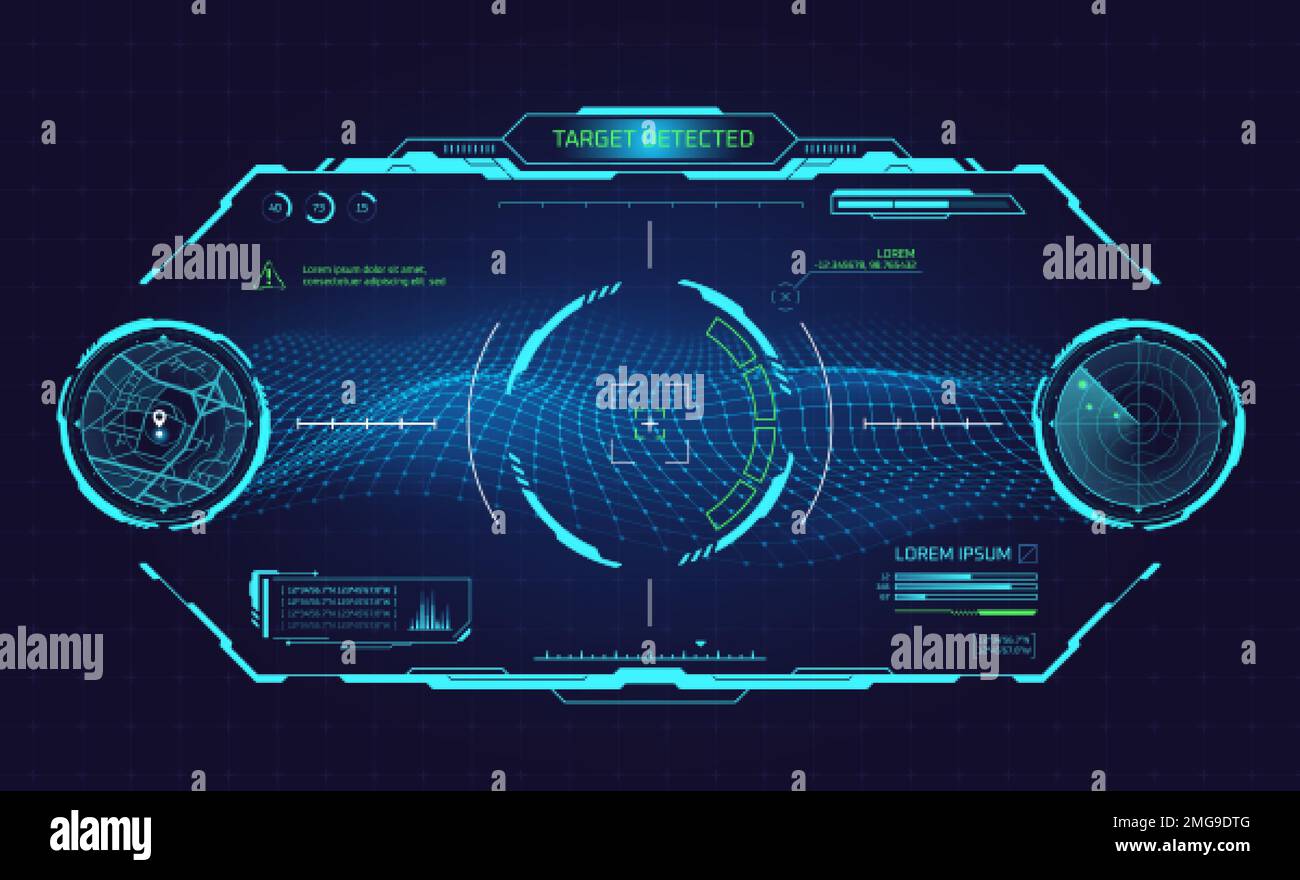 Cruscotto vr cockpit. Interfaccia ologramma della navicella spaziale HUD velivolo futuristico, occhiali virtuali casco robot, militare ai radar navigazione controllo aereo, interfaccia grafica del gioco del vettore della dashboard dello schermo Illustrazione Vettoriale