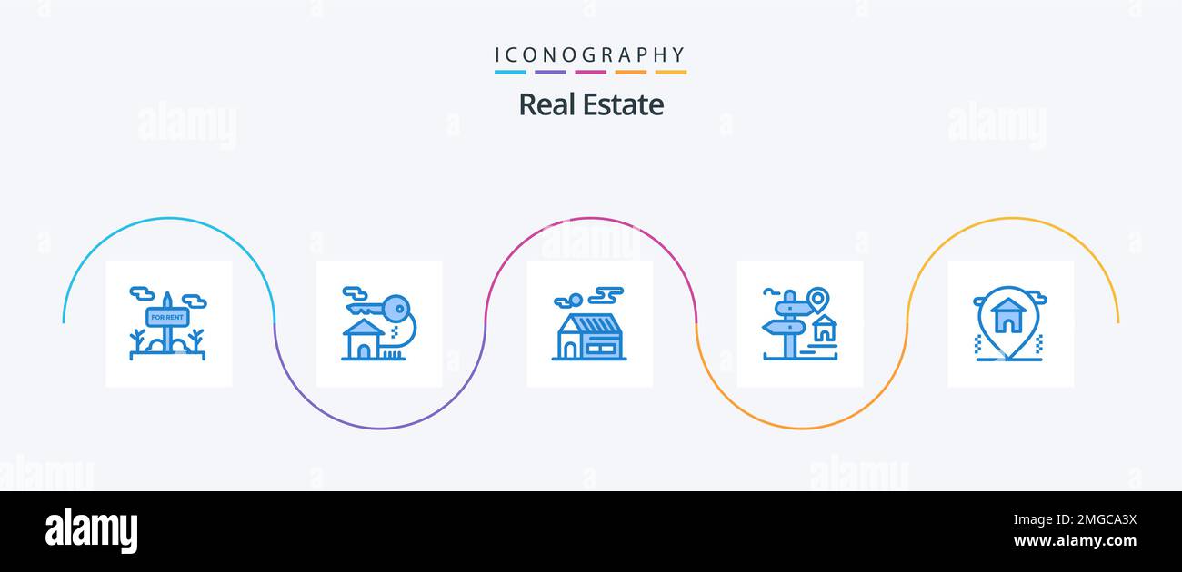 Real Estate Blue 5 Icon Pack inclusa la posizione. immobiliare. casa. scheda. posizione Illustrazione Vettoriale