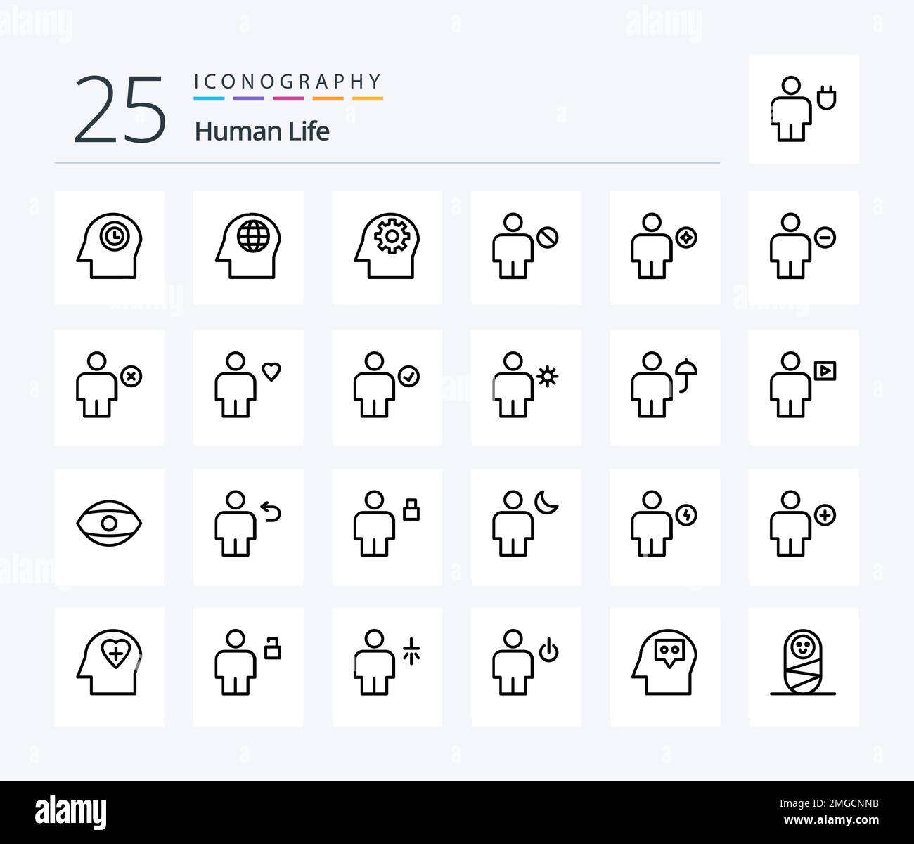 Pacchetto icone Human 25 Line incluso il preferito. corpo. mente. avatar. negato Illustrazione Vettoriale