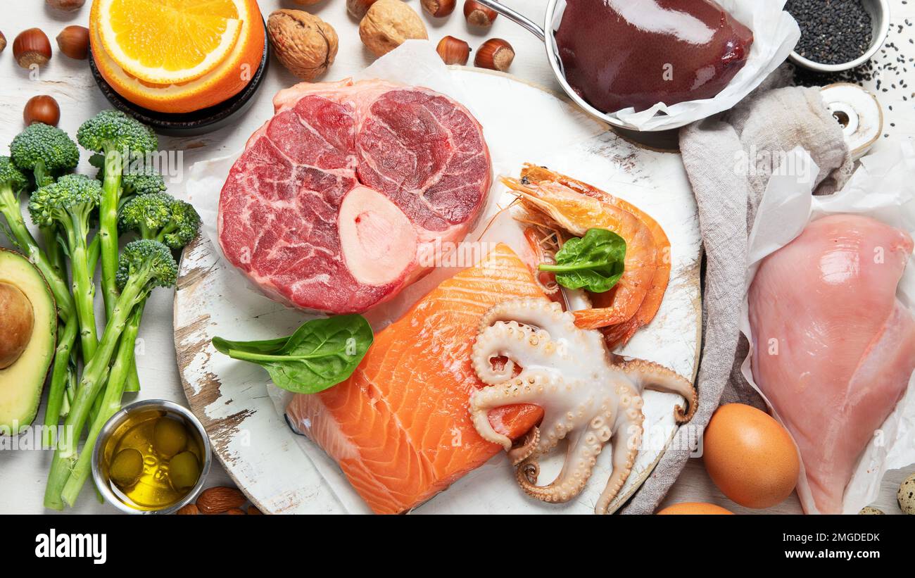 Composizione con cibo contiene il coenzima Qio, antiossidante, produrre energia a cella, prodotti contro i radicali liberi e supporta il corpo come si invecchia, immunitario Foto Stock