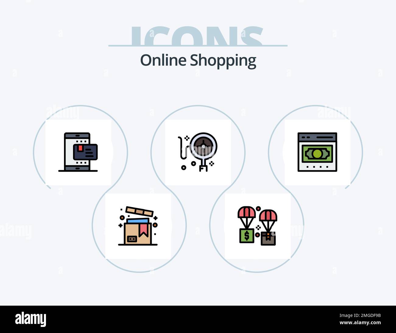 Linea di Shopping online riempito icona Pack 5 icona Design. ritirate. macchina. casella. banca. san valentino Illustrazione Vettoriale