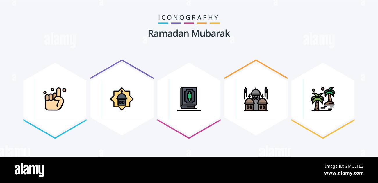 Pacchetto icone Ramadan 25 FilledLine con luna inclusa. masjid. stella. moschea. ramadhan Illustrazione Vettoriale