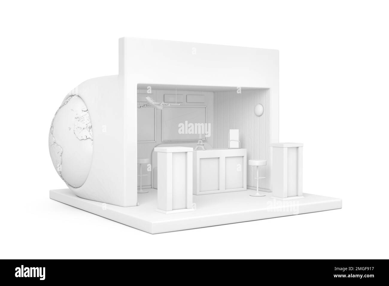 Biglietteria dell'agenzia di viaggi moderni o biglietti, stand promozionale, camera in stile Clay su sfondo bianco. rendering 3D Foto Stock