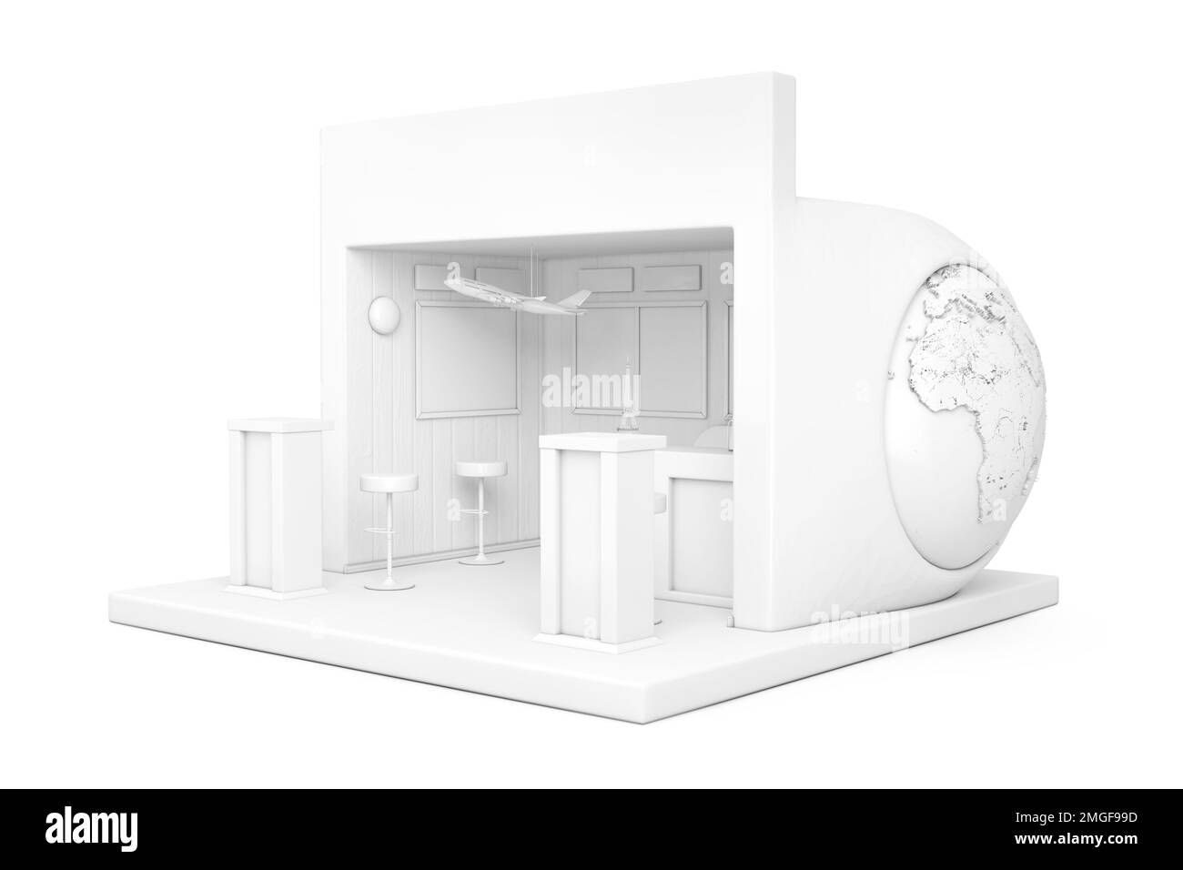 Biglietteria dell'agenzia di viaggi moderni o biglietti, stand promozionale, camera in stile Clay su sfondo bianco. rendering 3D Foto Stock