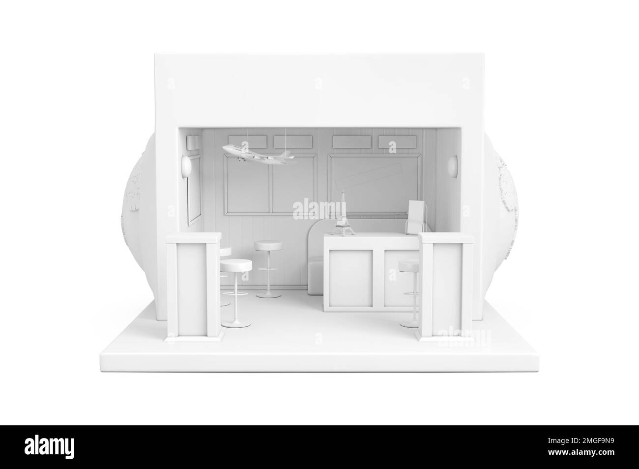 Biglietteria dell'agenzia di viaggi moderni o biglietti, stand promozionale, camera in stile Clay su sfondo bianco. rendering 3D Foto Stock