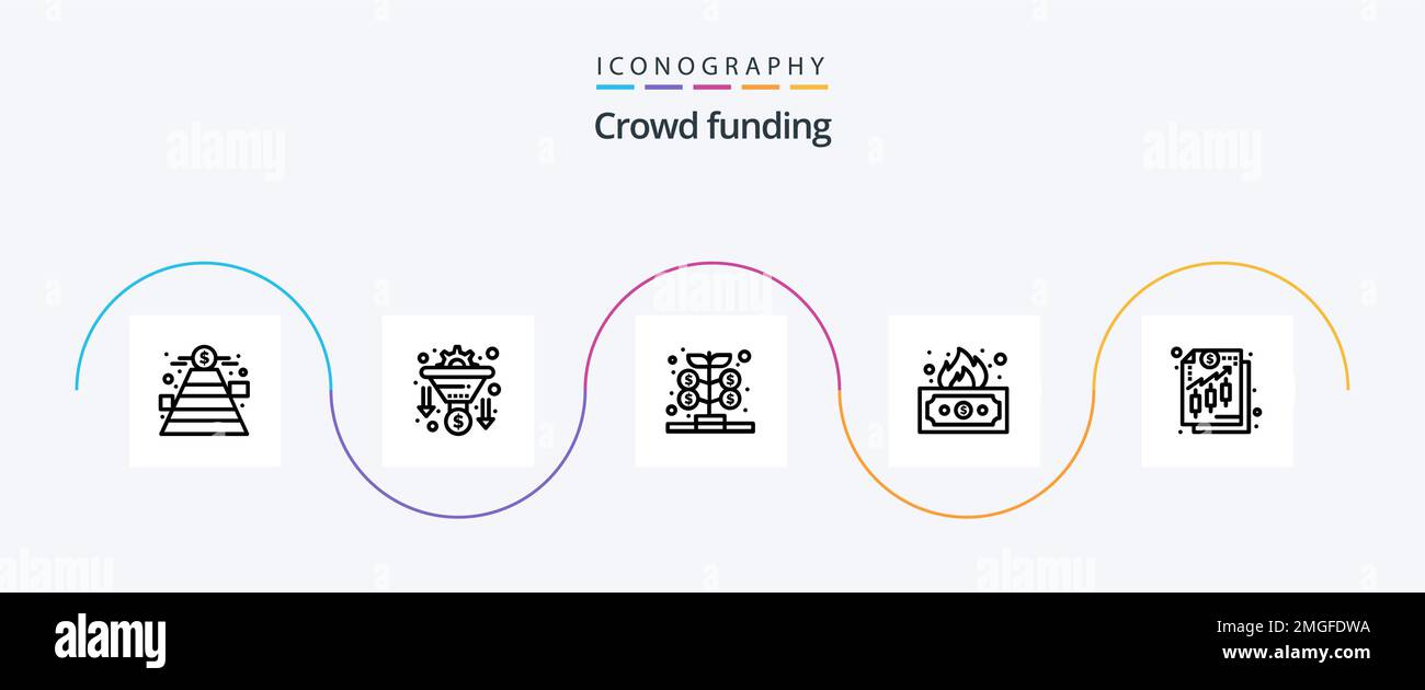 Pacchetto icone Crowdfunding Line 5 con finanziamento incluso. denaro. fondo. reddito. rischioso Illustrazione Vettoriale