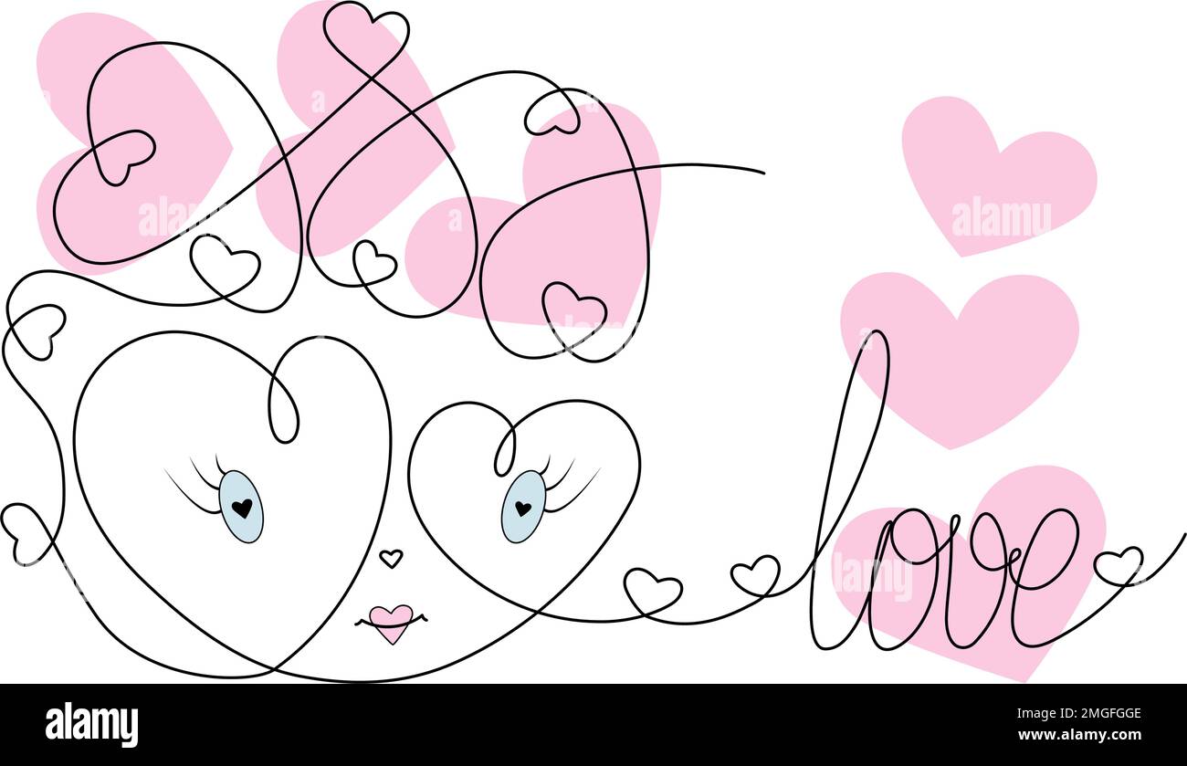 Linea continua disegno cuore in stile cartone animato composto da molti cuori e lettere Amore. San Valentino. Isolare. Design per San Valentino, saluto o invito, poster, lettere o etichette, prezzo. EPS Illustrazione Vettoriale