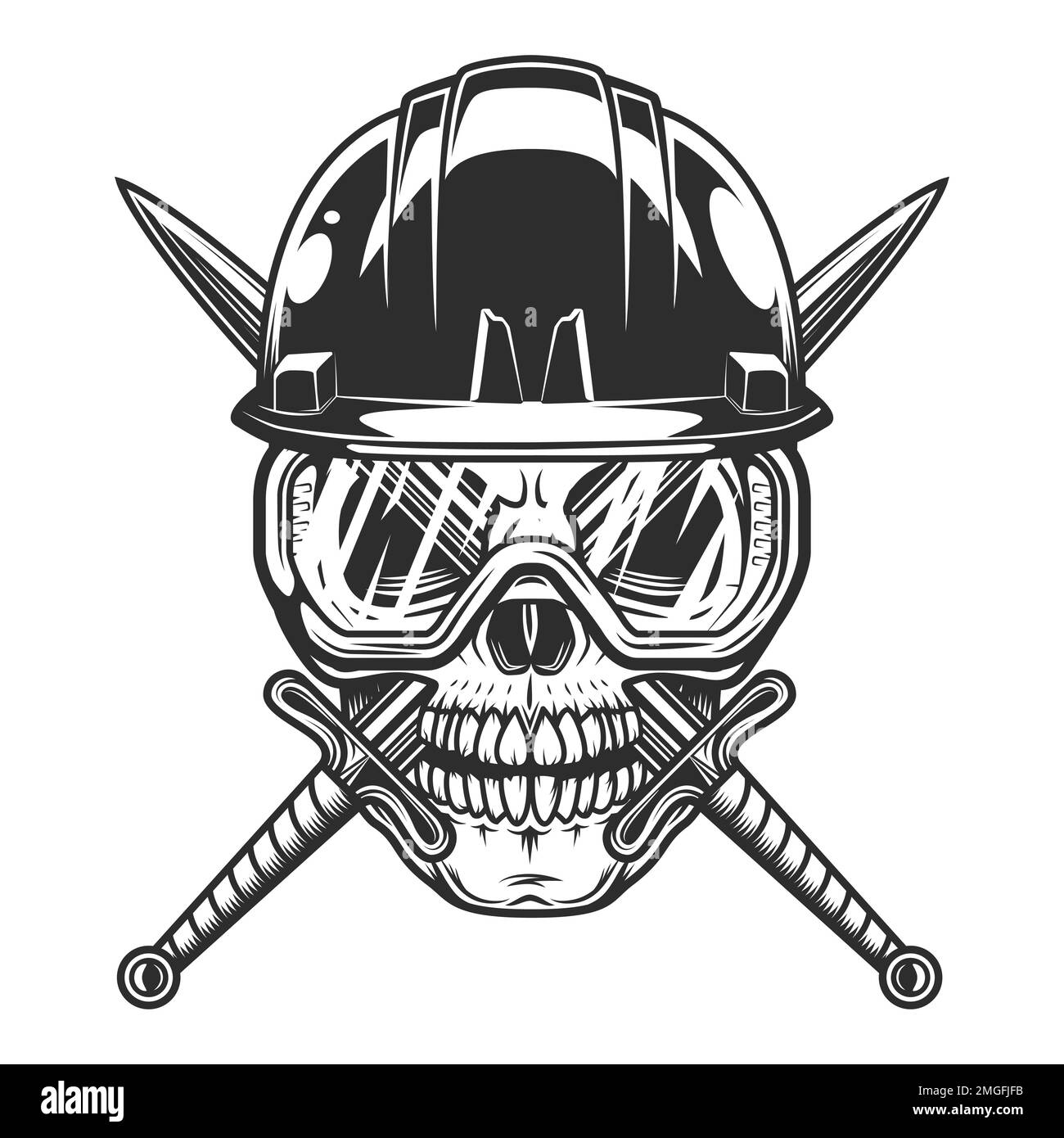 Nuova costruzione e rimodellamento del cranio del costruttore della casa di affari in elmetto con la spada e gli occhiali di sicurezza dall'illustrazione di stile vintage Foto Stock