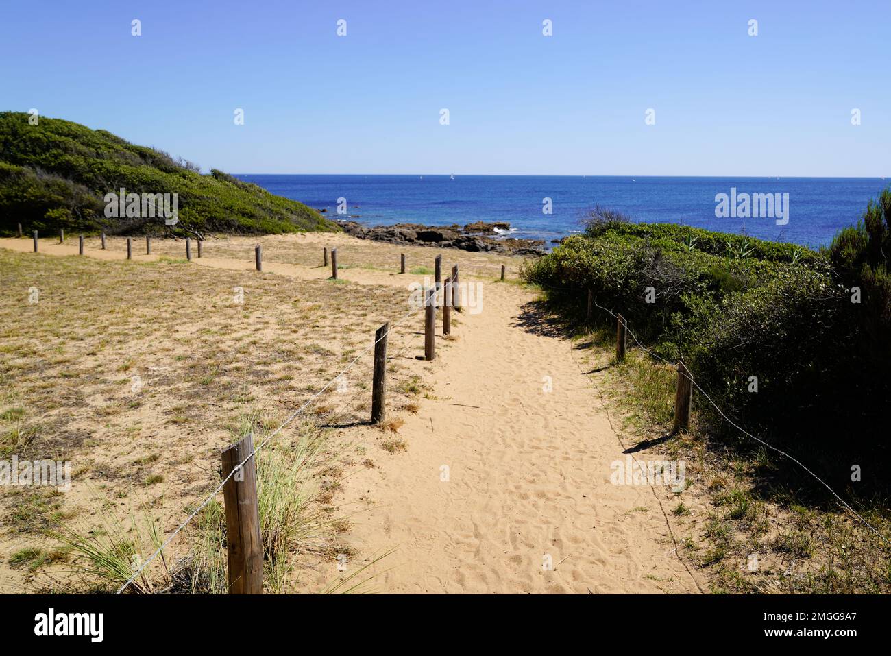 Paesaggio percorso accesso spiaggia atlantica in dune di sabbia in Talmont-Saint-Hilaire oceano francia Foto Stock