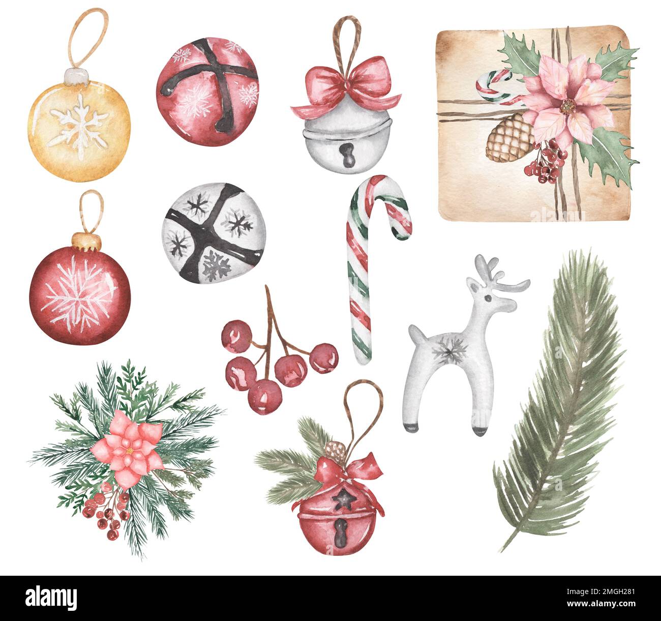 Set di elementi di Natale, illustrazione scatola regalo, giocattoli della sfera di natale Clipart, bouquet floreale, festa invernale dell'acquerello, albero di pino, Cuta Funny CRA Foto Stock