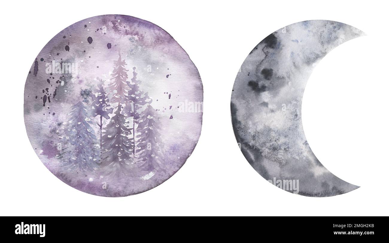 Set illustrazione Foresta Luna, Watercolor Crescenza invernale, clip art celeste, poster Galaxy, inviti di nozze, logo design Foto Stock