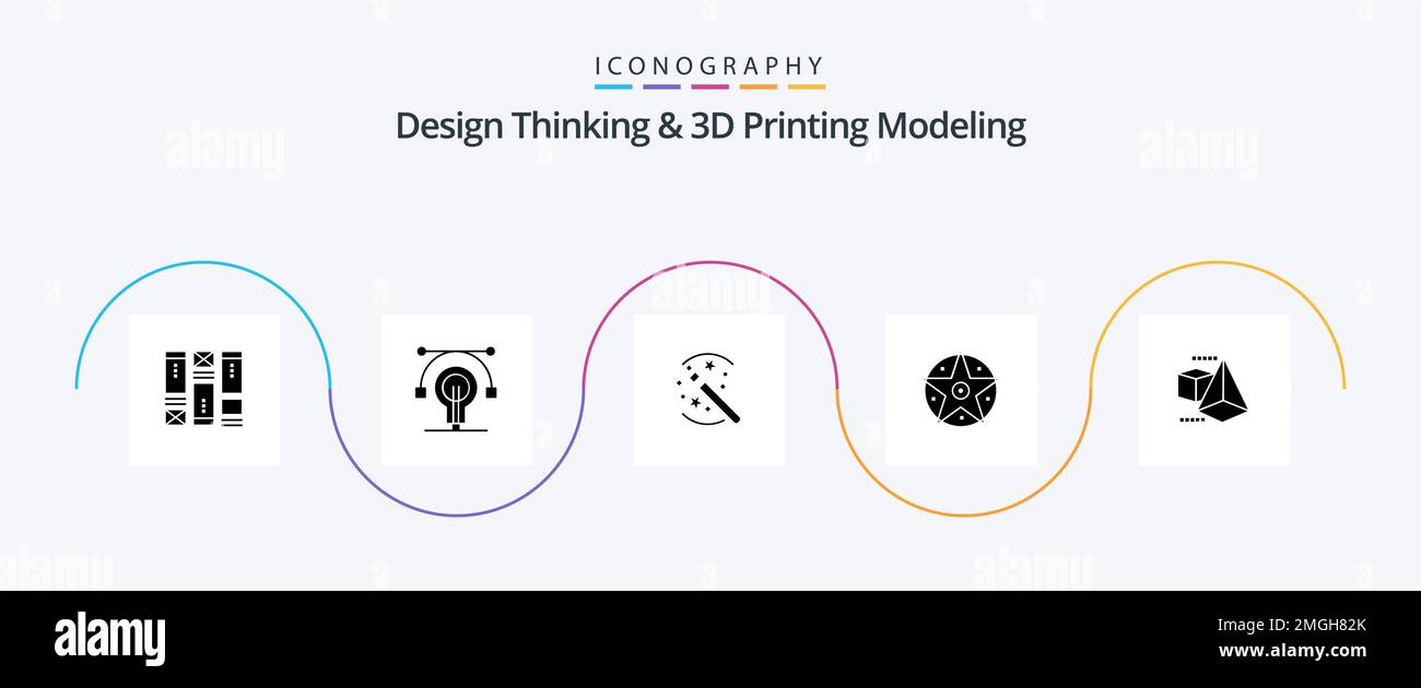 Design Thinking e D Printing Modeling Glyph 5 Icon Pack. stella. trucchi. progetto. pentacolo Illustrazione Vettoriale