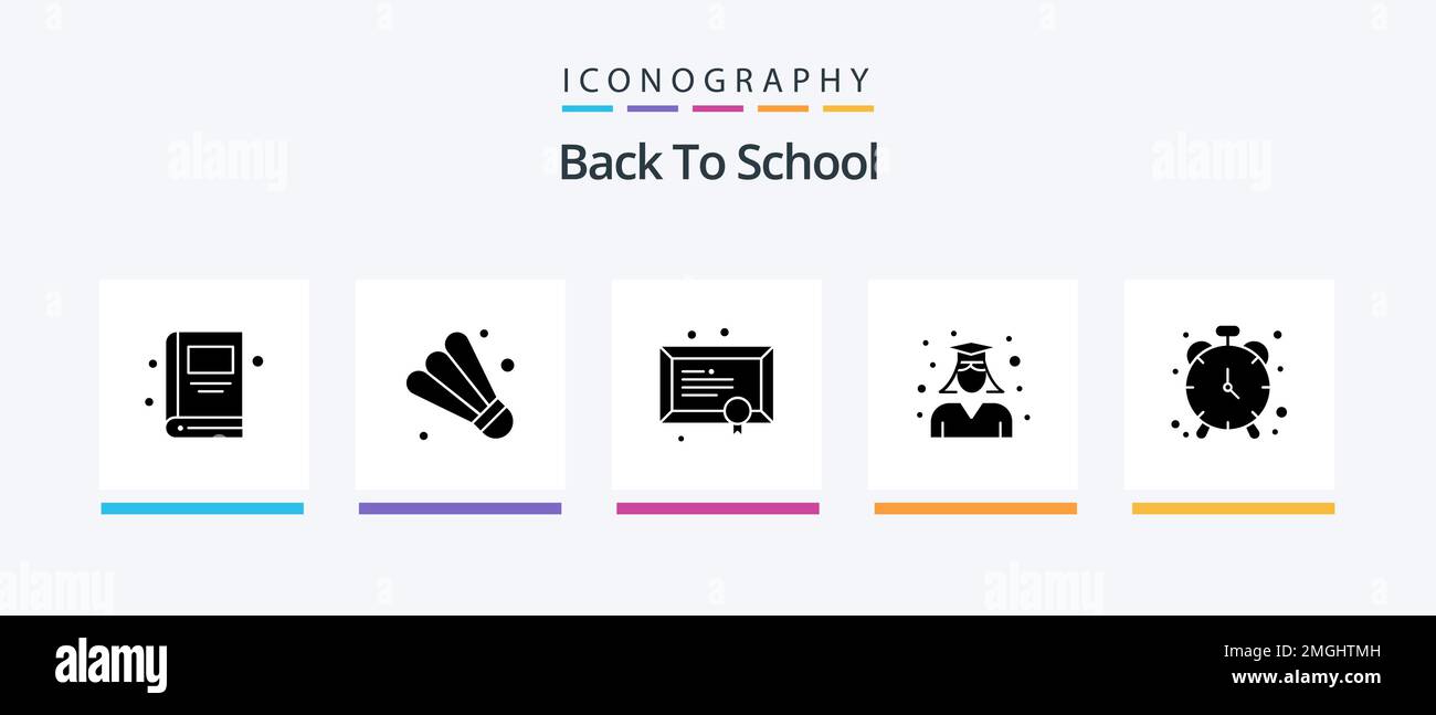 Pacchetto icone Back to School Glyph 5 con cronometro incluso. allarme. scuola. donna. graduazione. Icone creative Design Illustrazione Vettoriale