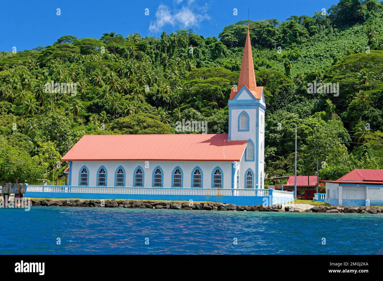 Polinesia Francese, Tahaa'a (o Tahaa): chiesa, tempio protestante del villaggio di TIVA Foto Stock