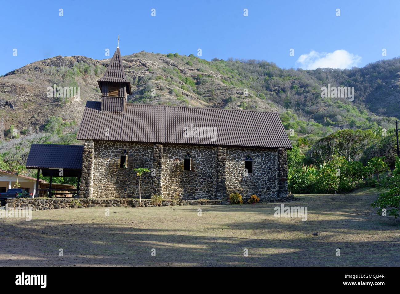 Polinesia Francese, Hiva Oa: Chiesa di Ta'aoa Puamau Foto Stock