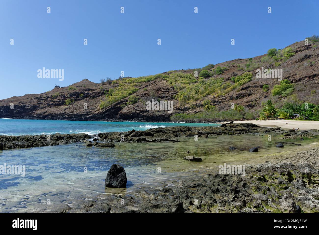 Polinesia Francese, Hiva Oa: Spiaggia di Hanatekuua Foto Stock