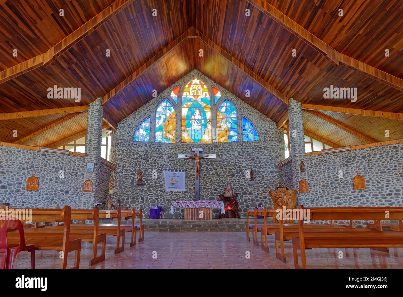 Polinesia Francese, Isola di Tahuata: Chiesa di Vaitahu Foto Stock