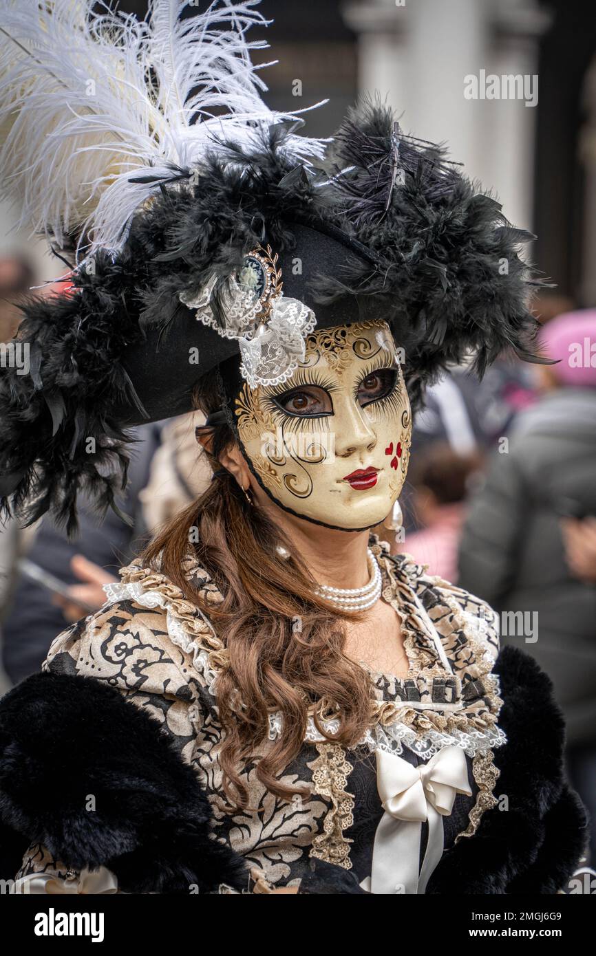 Una donna in costume medievale scuro, una maschera di carnevale femminile e  un grande cappello chic con piume al carnevale di Venezia Foto stock - Alamy