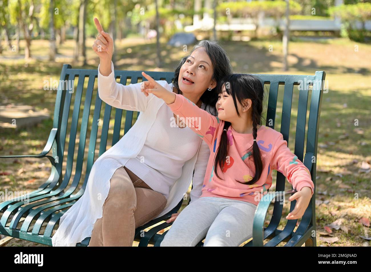 Felice e allegra nonna asiatica e sua nipote stanno avendo un buon tempo nel parco, seduti su una panchina e guardare gli uccelli sull'albero. Foto Stock