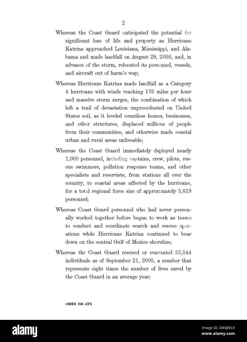 Risoluzione del Senato 246 - 26-HK-262-2. Risoluzione del Senato 246 - pagina 2. Uragano Katrina Foto Stock