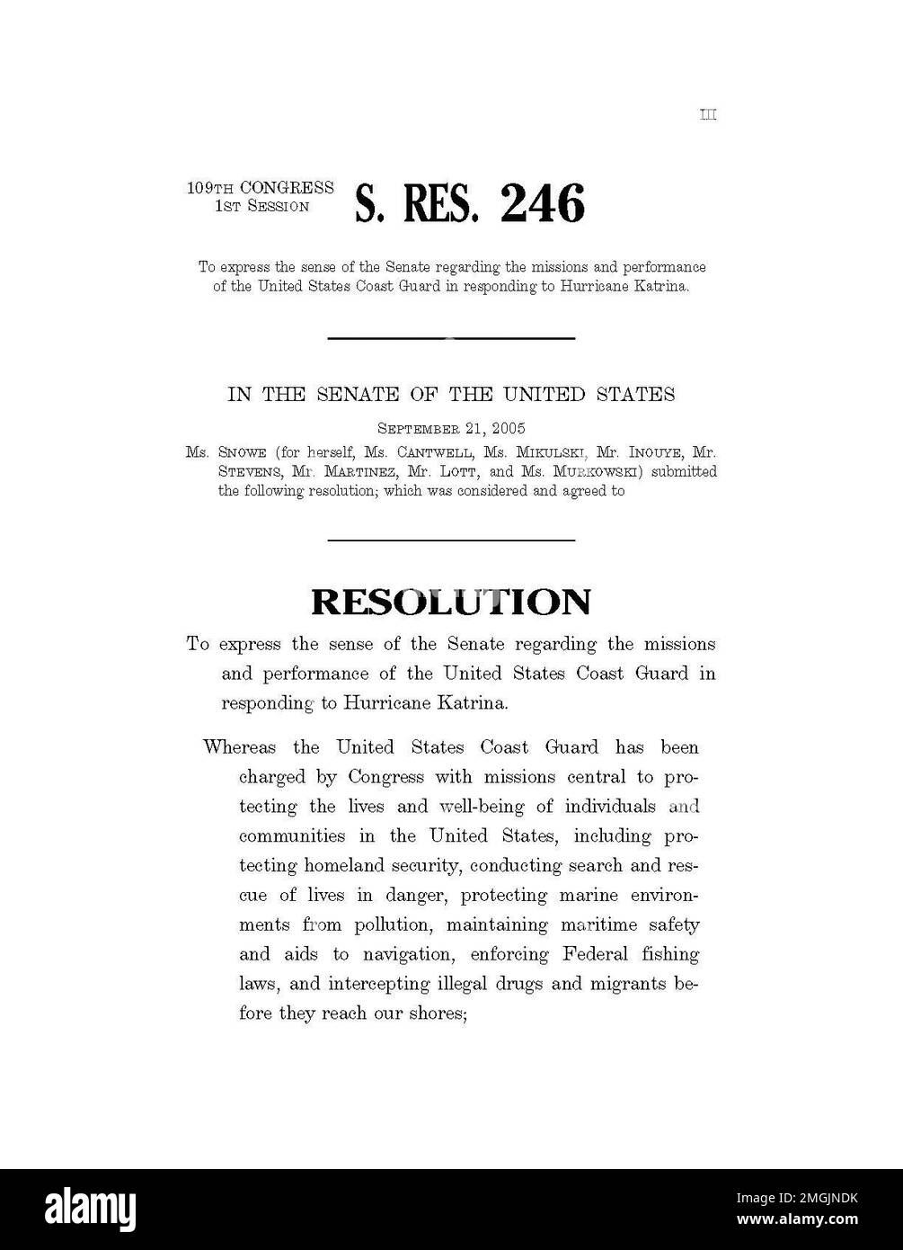 Risoluzione del Senato 246 - 26-HK-262-1. Risoluzione del Senato 246 - pagina 1. Uragano Katrina Foto Stock