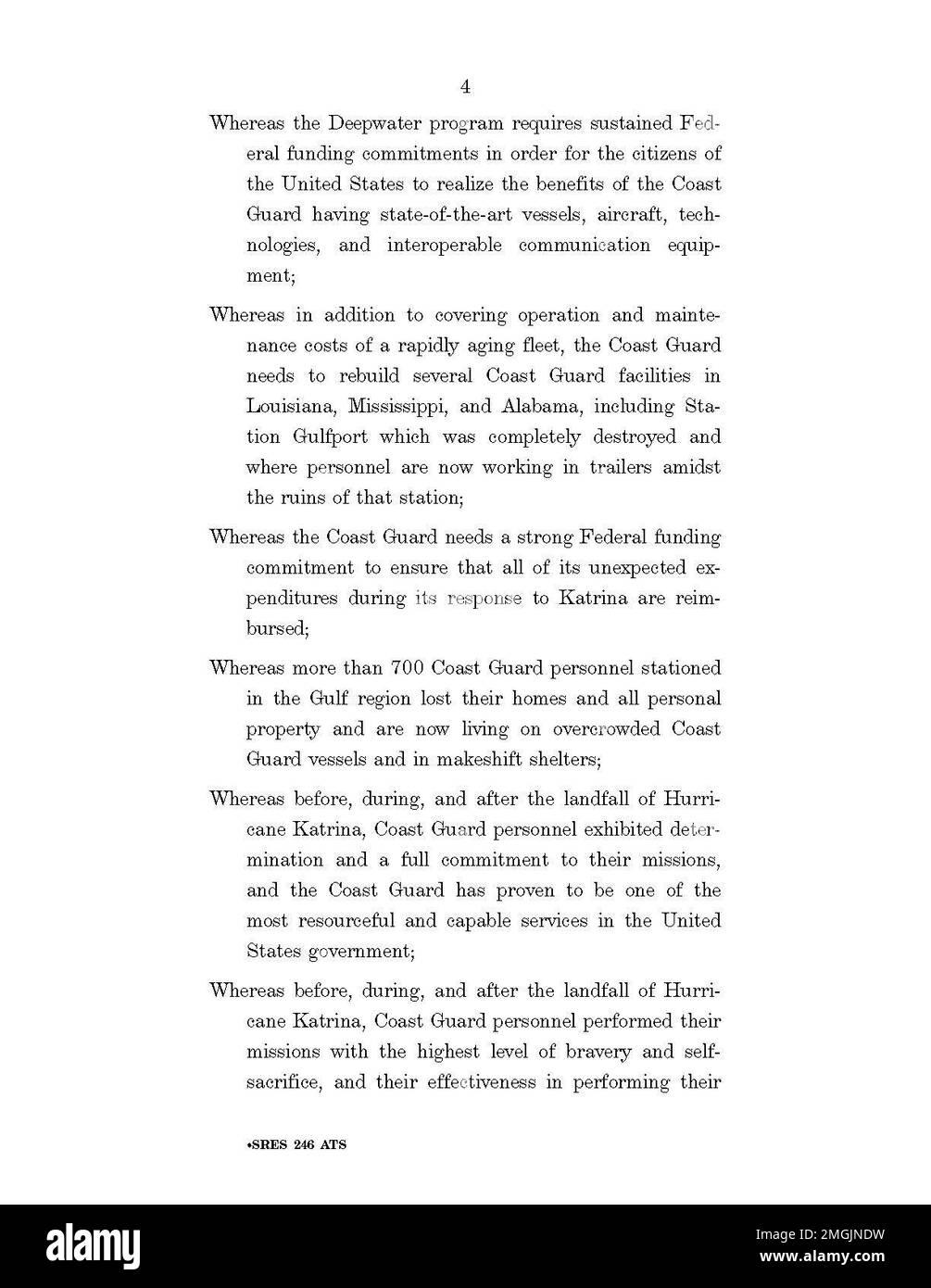 Risoluzione del Senato 246 - 26-HK-262-4. Risoluzione del Senato 246 - pagina 4. Uragano Katrina Foto Stock