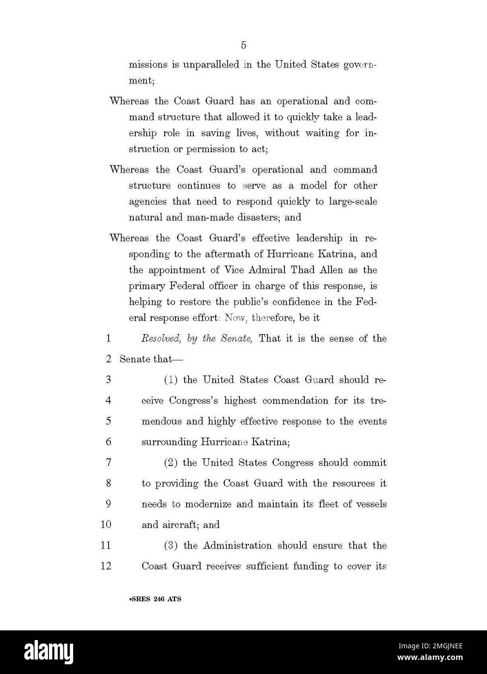 Risoluzione del Senato 246 - 26-HK-262-5. Risoluzione del Senato 246 - pagina 5. Uragano Katrina Foto Stock