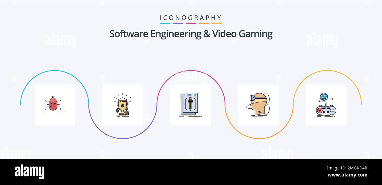Software Engineering and Video Gaming Line pacchetto completo di icone Flat 5 che include la realtà. umano. trofei. programma. editor Illustrazione Vettoriale