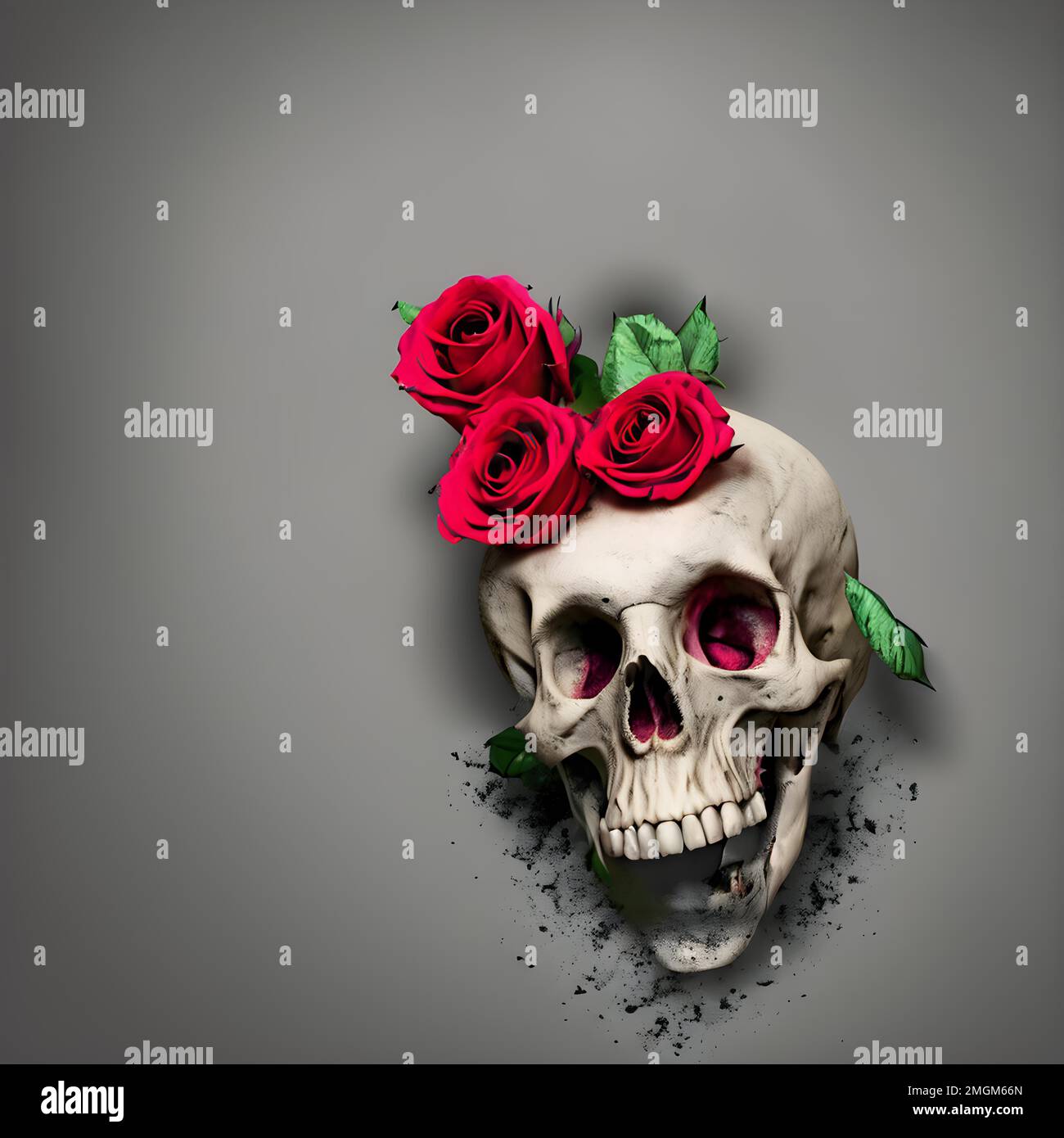 Un cranio con rose sulla sua testa isolato su uno sfondo grigio Foto Stock
