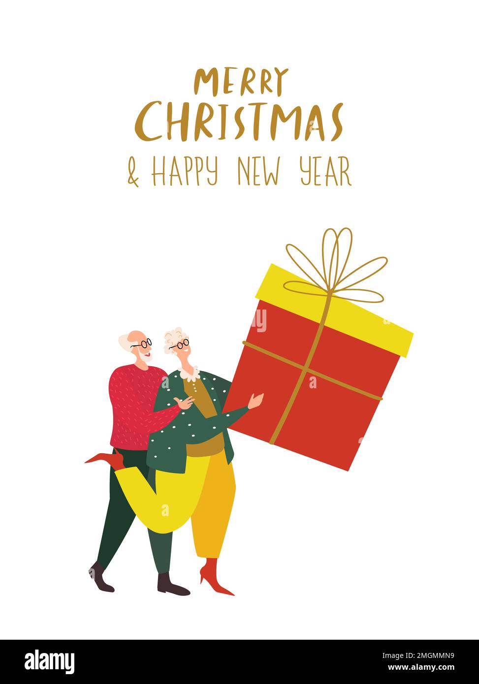 Natale felice gente tiene il Box.Old natale enorme coppia anziano, uomo e donna pensionato che si preparano per le vacanze invernali a Capodanno Eve.Flat Grap Foto Stock