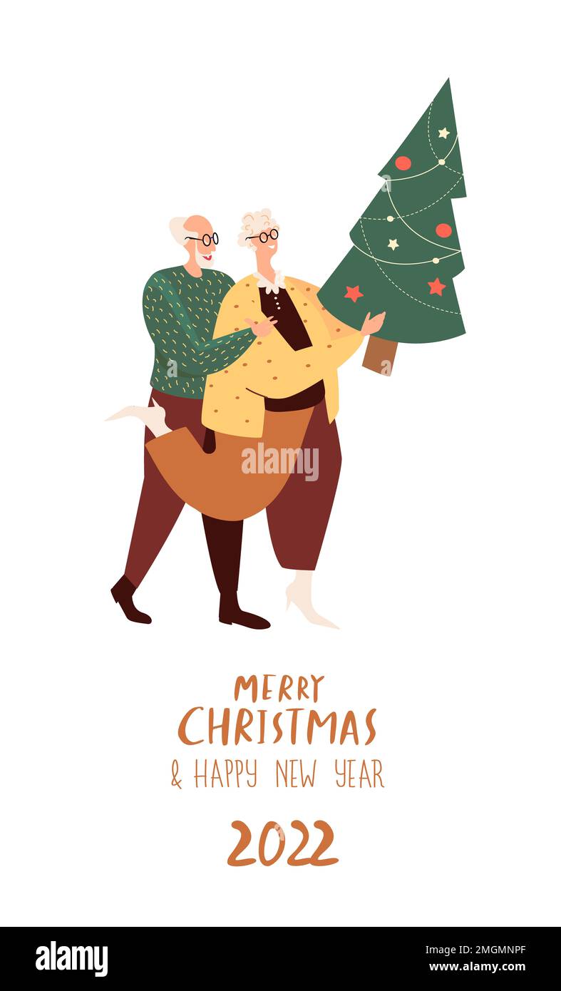Natale felice gente che trasporta la coppia anziano del tree.Old di natale, uomo e donna del pensionato che si preparano per le feste di inverno alla vigilia di Capodanno. Grafica piatta Foto Stock