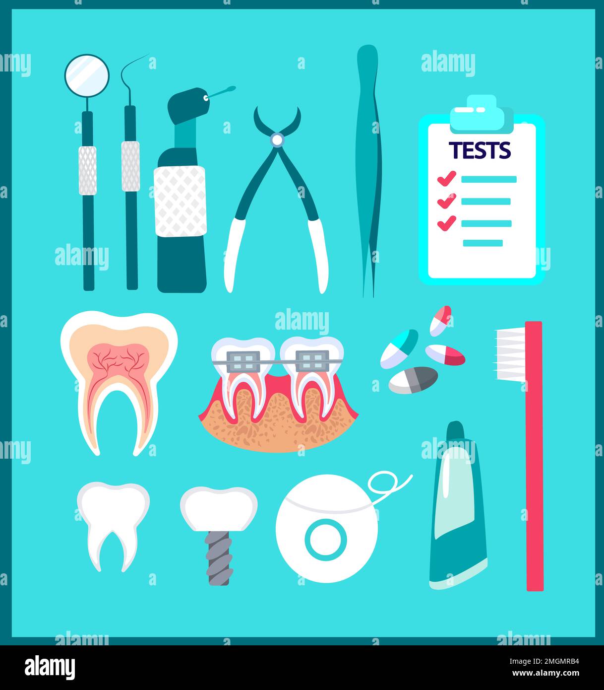 Set icone Dental Flat. Illustrazione vettoriale per odontoiatria e ortodonzia. Apparecchiature per stomatologia, attrezzi dentisti, spazzolino da denti e dentifricio, bretelle, tee Foto Stock
