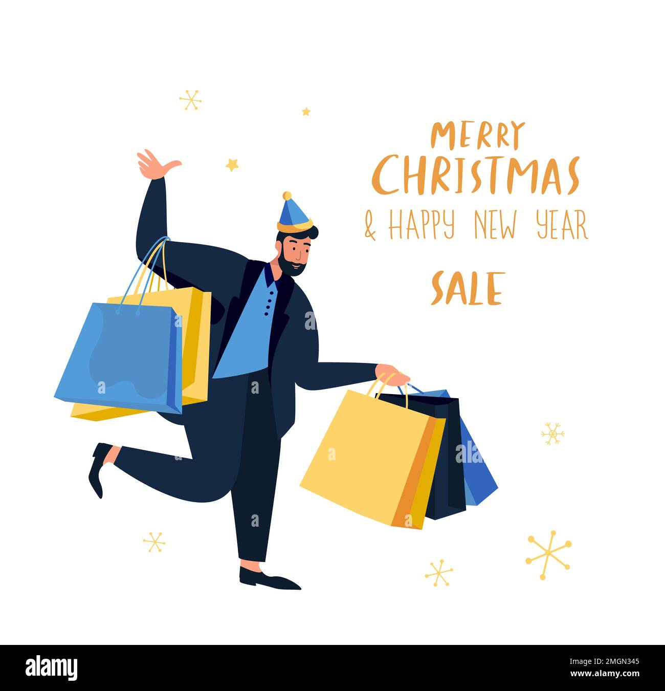 Buon Natale e buon anno Shopping. Felice uomo adulto nel cappello di Babbo Natale compri gli acquisti di festa presenta i pacchetti dei regali per le feste di inverno.giusto Foto Stock