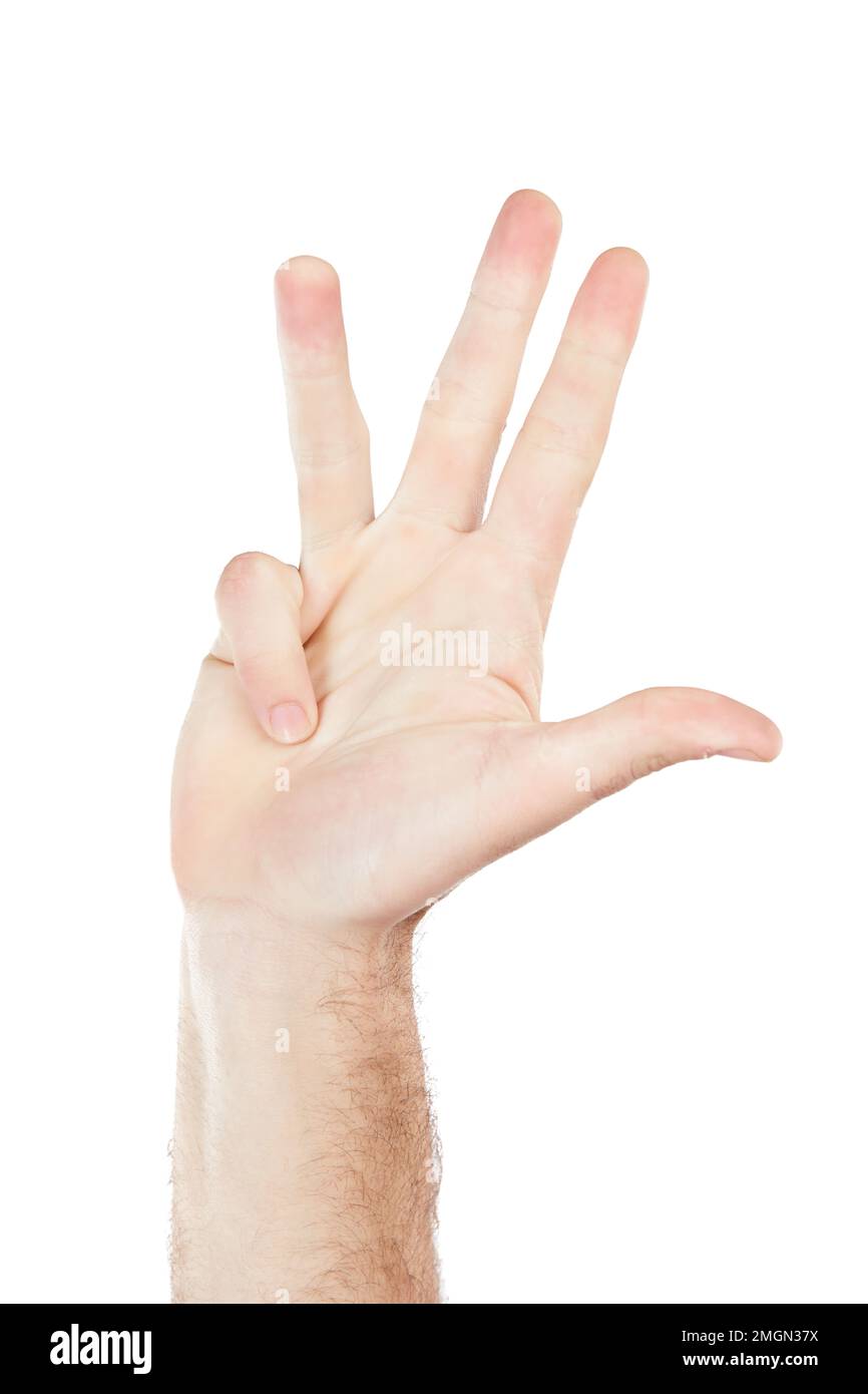 Uomo, mano e primo piano sul numero quattro in n studio per conto alla rovescia, gesto o segnale su sfondo bianco. Mano, ragazzo e comunicazione con le dita per Foto Stock