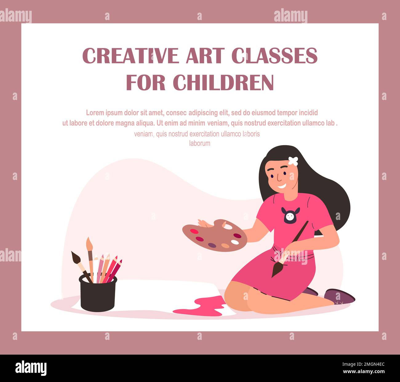 Bambini Arte Classes.Kid Pittura immagine su carta, Bambini creatività e attività Concept.Little Girl carattere con pitture, matite godere Drawing.is Foto Stock