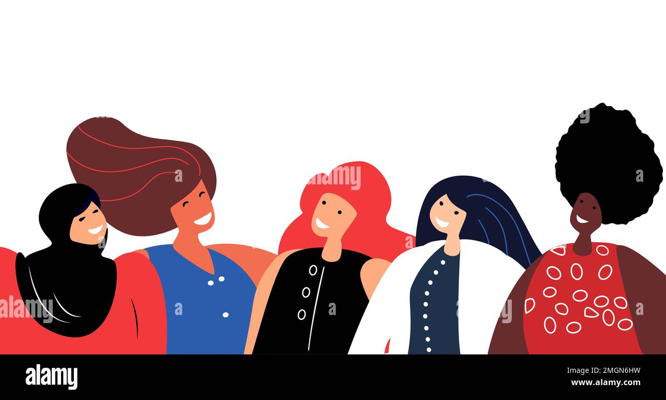 Happy International Woman Day.Feminism Concept.Bright Beautiful diverse ragazze Donne stand Together.Party, otto di marzo Celebration. Libero sicuro Foto Stock