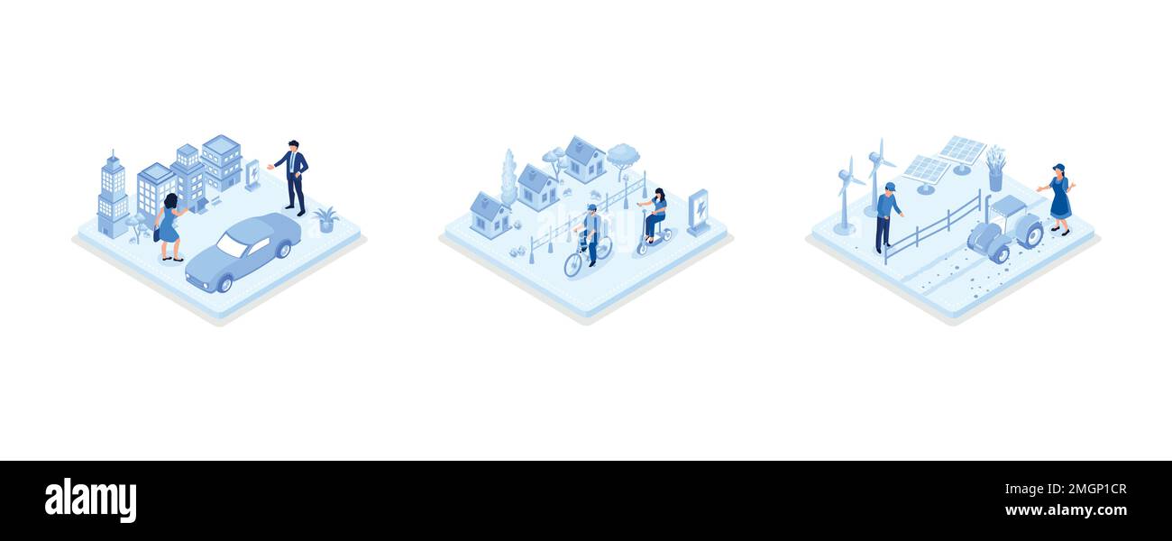 Auto elettrica nel moderno centro della città, e-scooter guida carattere e intelligente eco fattoria con mulini a vento e pannelli solari. Concetto di futuro sostenibile, set is Illustrazione Vettoriale