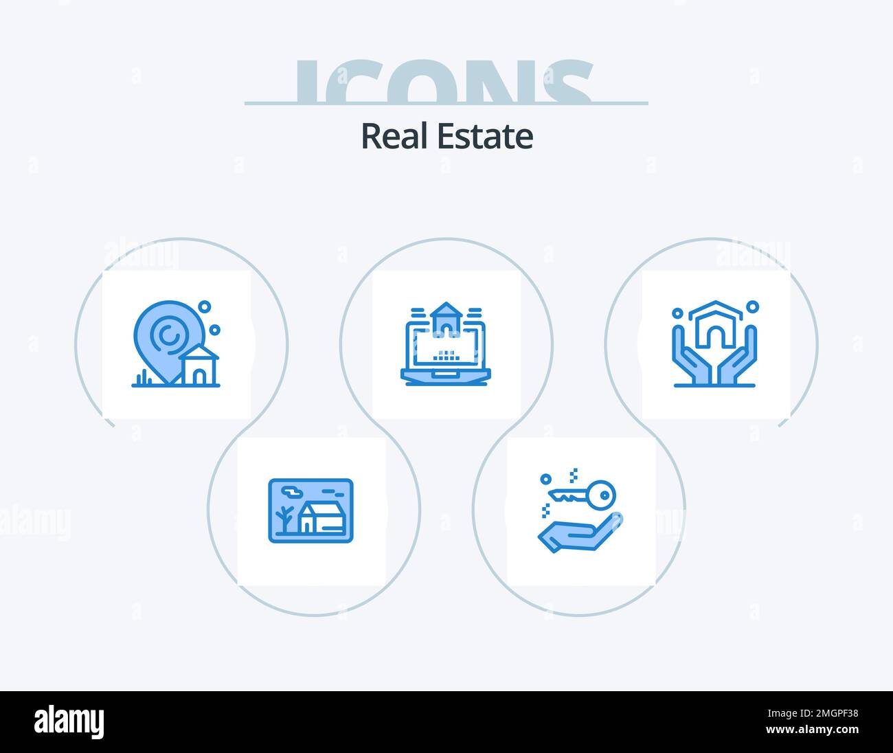Real Estate Blue Icon Pack 5 Icon Design. casa. estate. posizione. reale. notebook Illustrazione Vettoriale