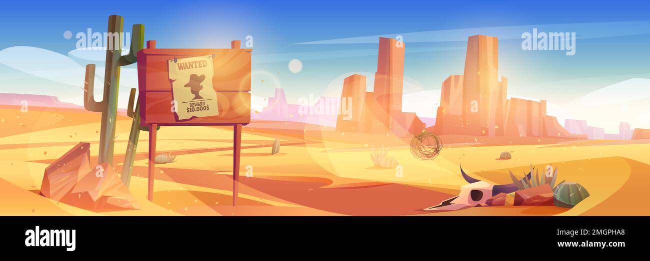 Paesaggio americano del deserto occidentale con il segno desiderato. Scena di campagna con sabbia, montagne, cactus, legno con carta voluti poster e toro cranio, disegno vettoriale cartone animato Illustrazione Vettoriale