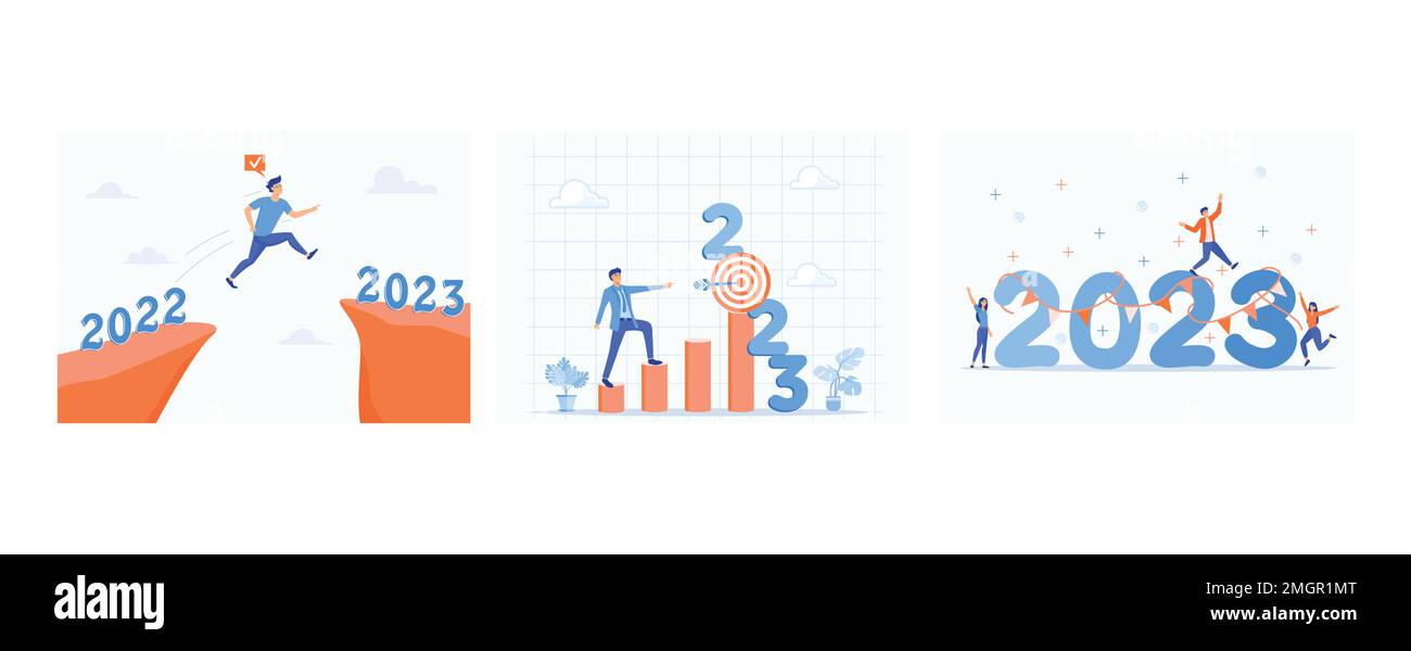 Anno 2023 speranza, determinare gli obiettivi per il business nel 2023, le persone che festeggiano per celebrare la vigilia di Capodanno dal 2022 al 2023, impostare piatto vettore moderna illustrazione Illustrazione Vettoriale