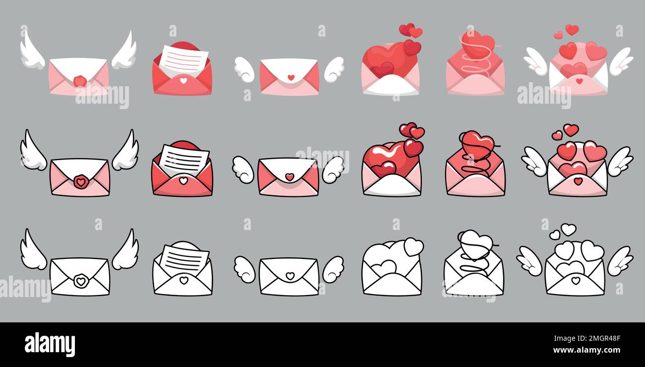Collezione di belle e semplici buste e lettere relative al giorno di San Valentino. Illustrazioni vettoriali colorate e in bianco e nero. Illustrazione Vettoriale
