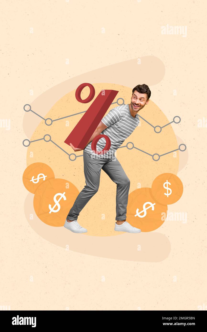 Composito collage foto grafica di giovane uomo investitore divertente cliente tenere in percentuale redditizio affare prezzo a buon mercato isolato su sfondo giallo colore Foto Stock