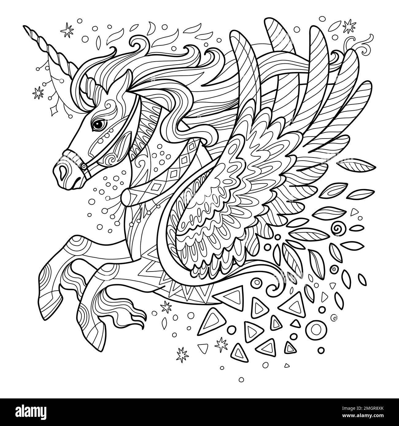 Unicorno stilizzato con ali. Illustrazione del vettore di contorno nero disegnato a mano. Per adulti antistress colorazione pagina, stampa, design, decorazione, T-shirt, e Illustrazione Vettoriale