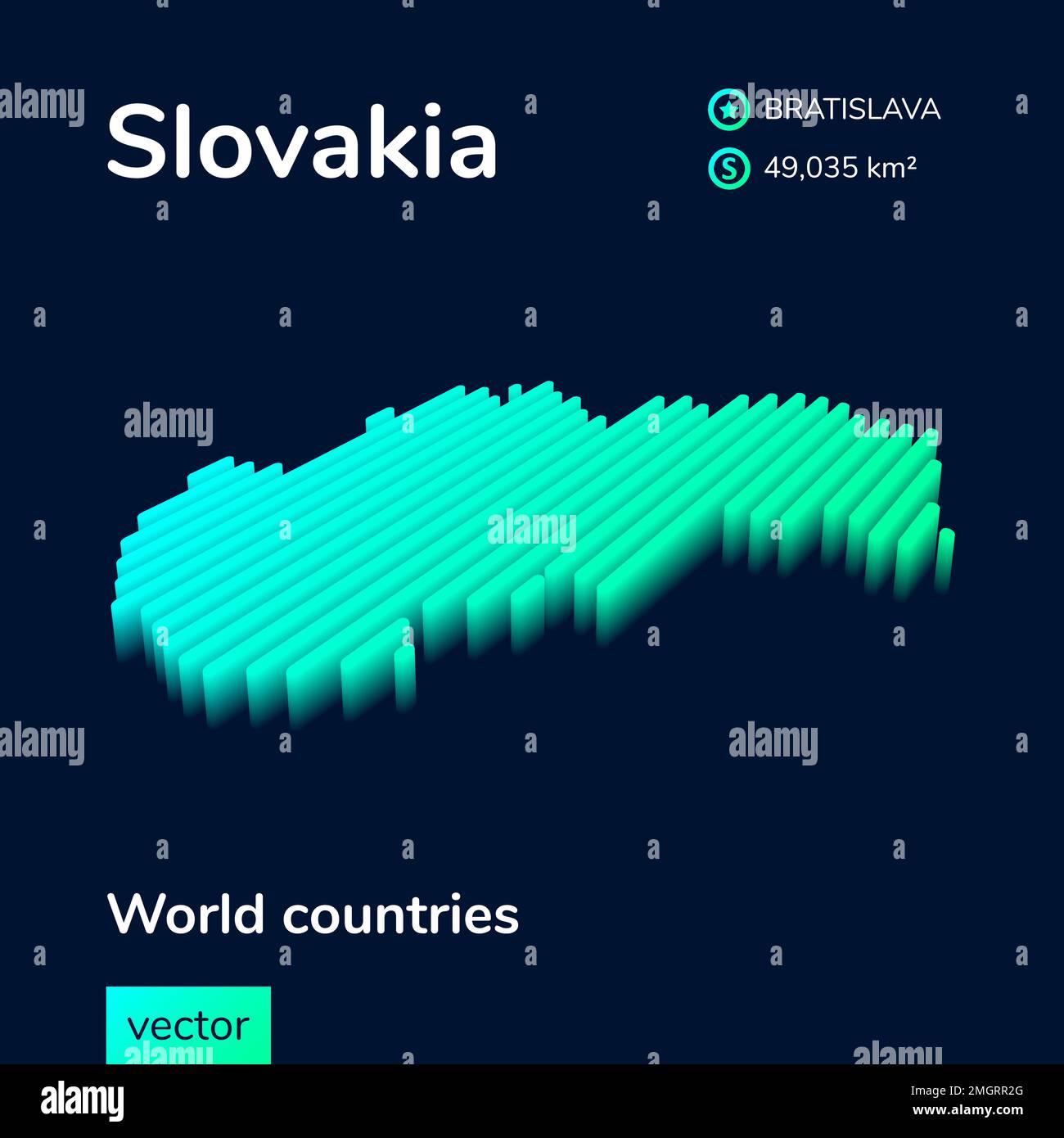 La mappa 3D del vettore isometrico al neon stilizzato a righe è di colore verde su sfondo blu scuro Illustrazione Vettoriale