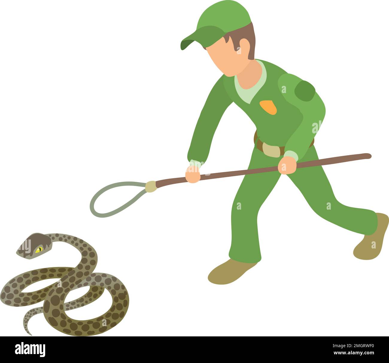 Vettore isometrico dell'icona anaconda comune. Uomo in uniforme verde vicino alla grande anaconda. Cattura rettile, erpetologia Illustrazione Vettoriale