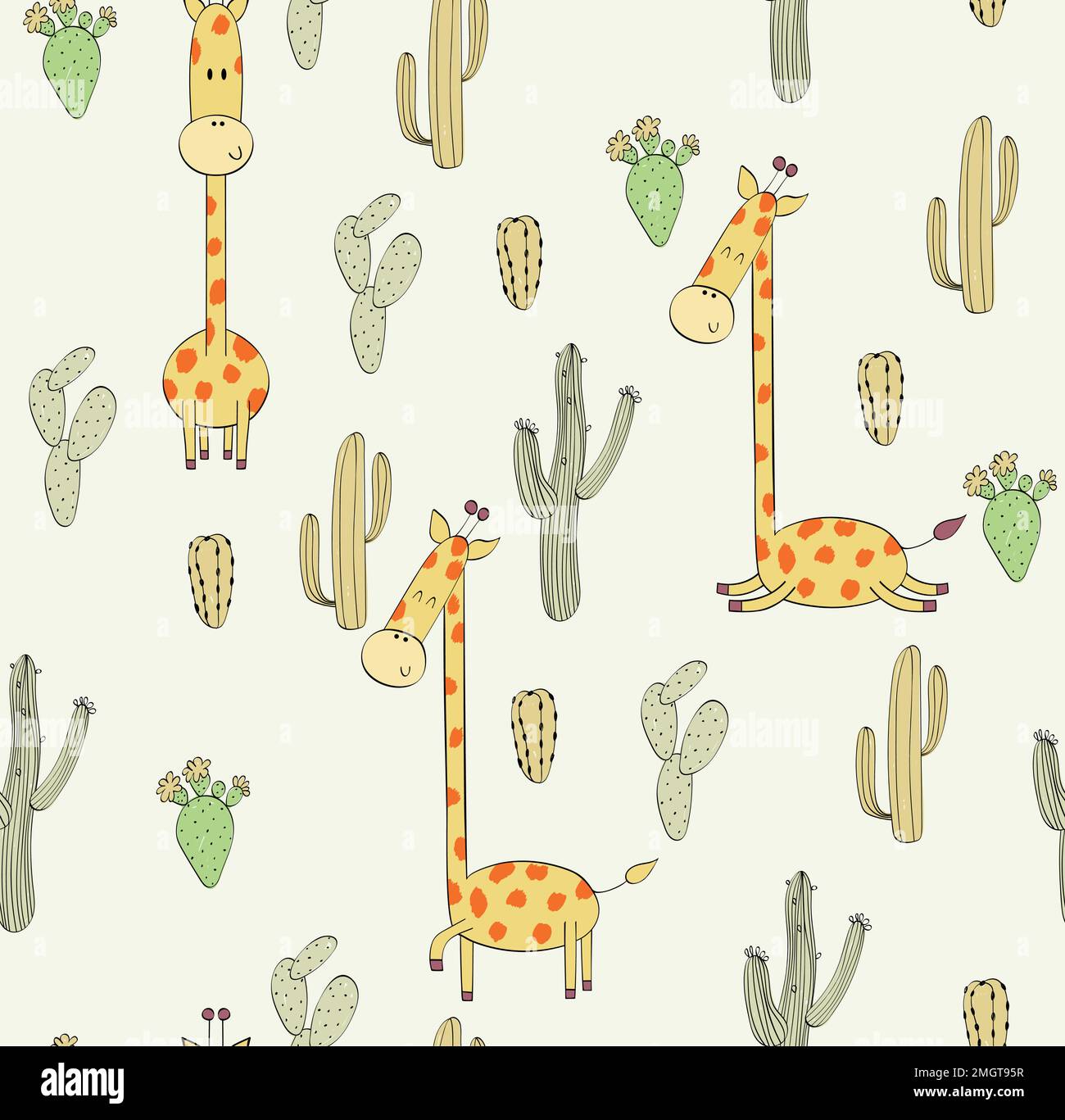 Vector disegnati a mano modello senza cuciture con cactus e le giraffe Illustrazione Vettoriale